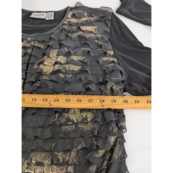 Chico's Cardigan Black Gold Metallic Slinky Ruffle Tiered Size 3 Long Sleeves - Picture 6 of 7